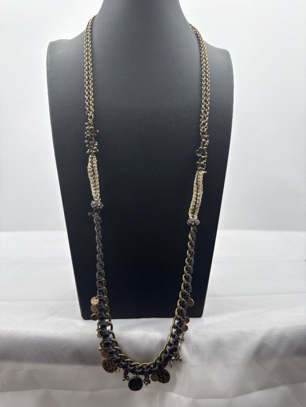 LOFT Boho Crochet Mixed Media Long Strand Necklace Brass Gold Gray Coin Charm